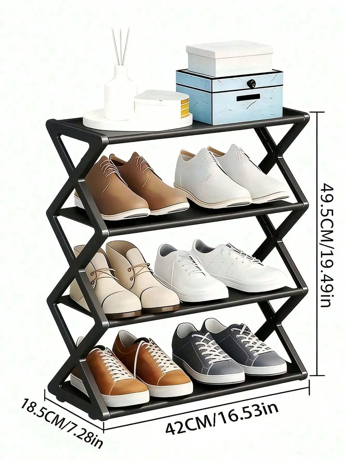 4-Tier Folding Shoe Rack | Space-Saving Storage Solution, X-Shaped Frame Plastic Organizer, Vintage Design, No Assembly Required, Suitable For Entryway, Closet, Kitchen, All-Season Durable Bookshelf ( Plastic Material)