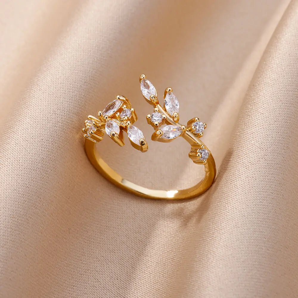 Gold Color Zirconia Flower Rings for Women Girls Elegant Stainless Steel Ring Floral Jewelry Trendy Luxury Aesthetic 2026 Style