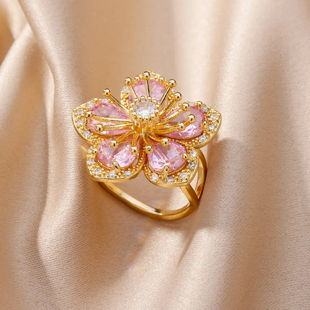 Gold Color Zirconia Flower Rings for Women Girls Elegant Stainless Steel Ring Floral Jewelry Trendy Luxury Aesthetic 2026 Style