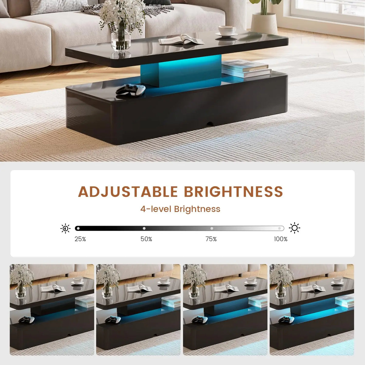40" Modern Living Room Tables, LED Coffee Table with LED Lights, 2 Tier Rectangular Center Table with Large, Customized