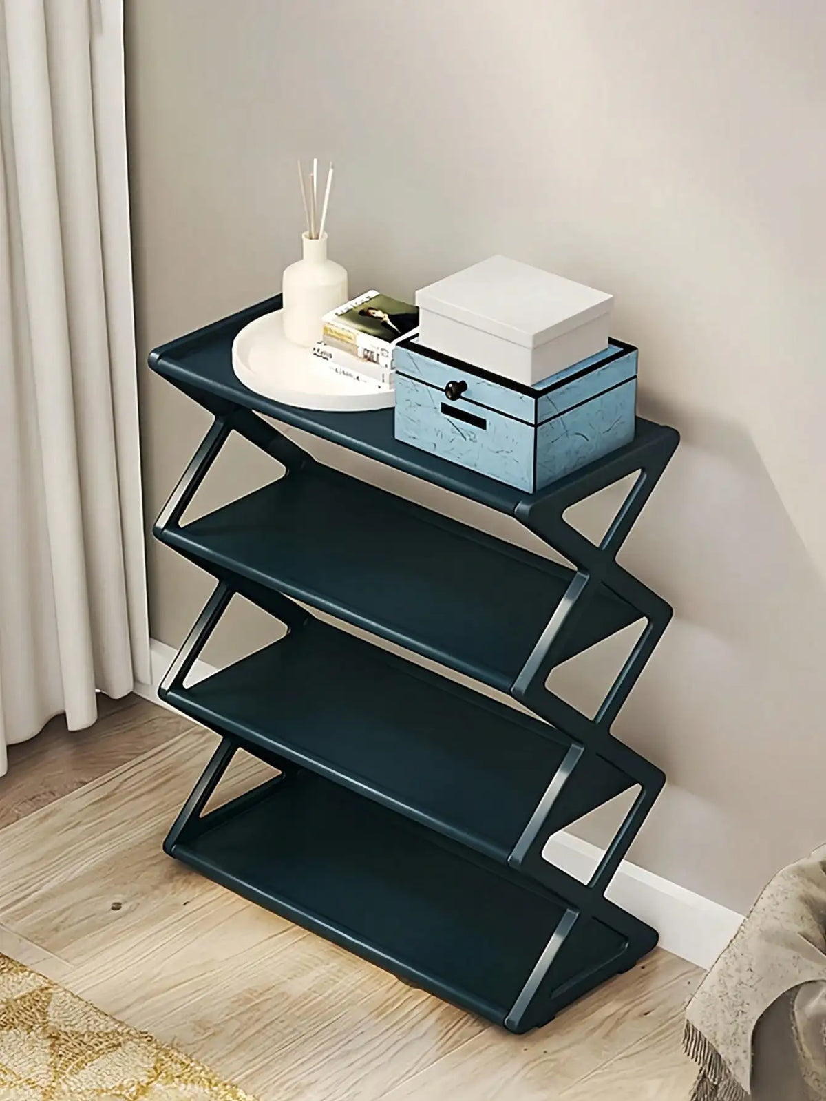 4-Tier Folding Shoe Rack | Space-Saving Storage Solution, X-Shaped Frame Plastic Organizer, Vintage Design, No Assembly Required, Suitable For Entryway, Closet, Kitchen, All-Season Durable Bookshelf ( Plastic Material)