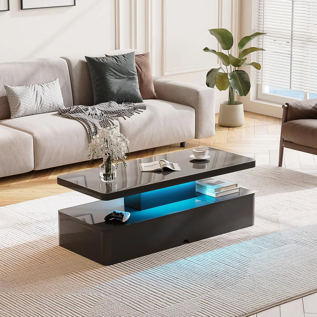 40" Modern Living Room Tables, LED Coffee Table with LED Lights, 2 Tier Rectangular Center Table with Large, Customized