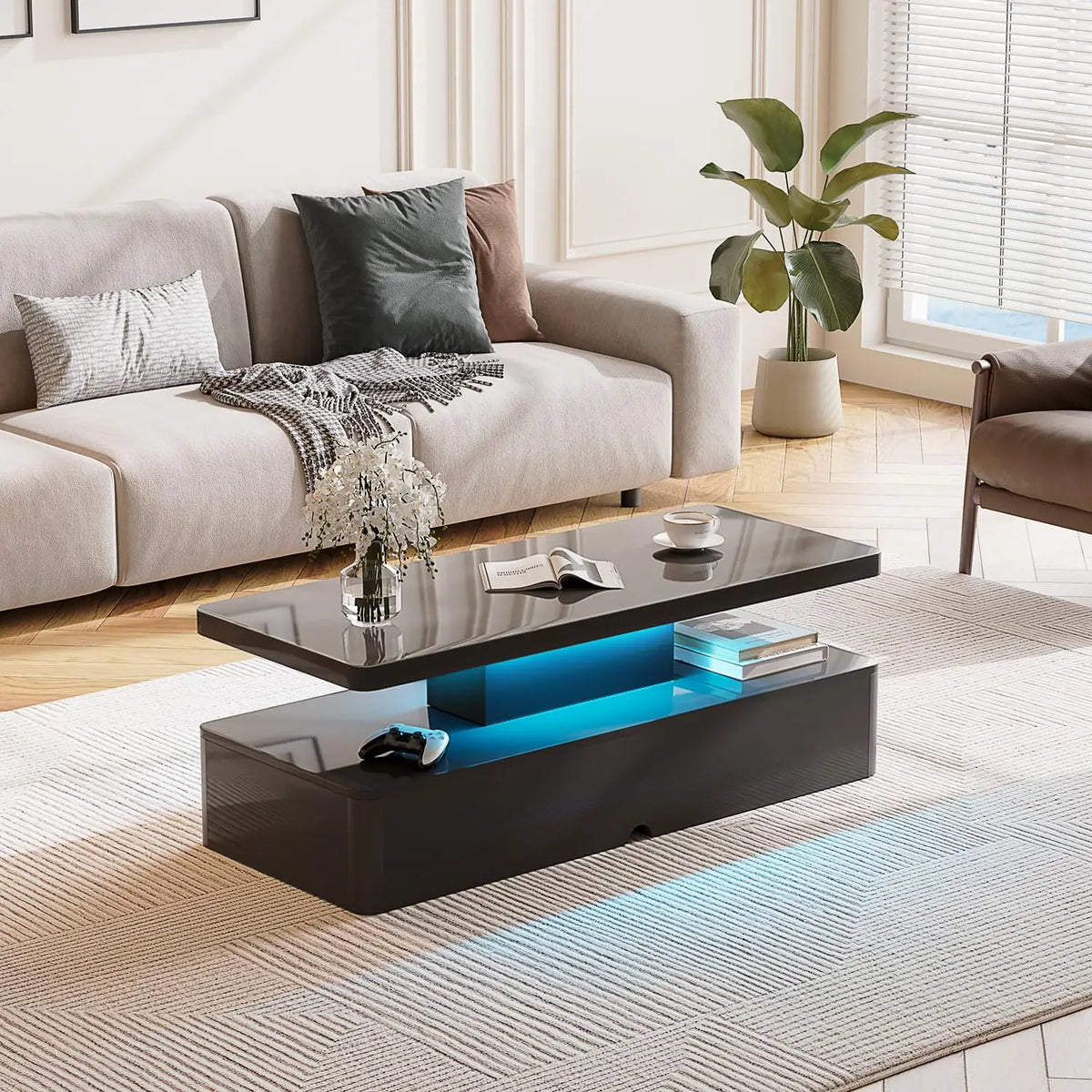 40" Modern Living Room Tables, LED Coffee Table with LED Lights, 2 Tier Rectangular Center Table with Large, Customized