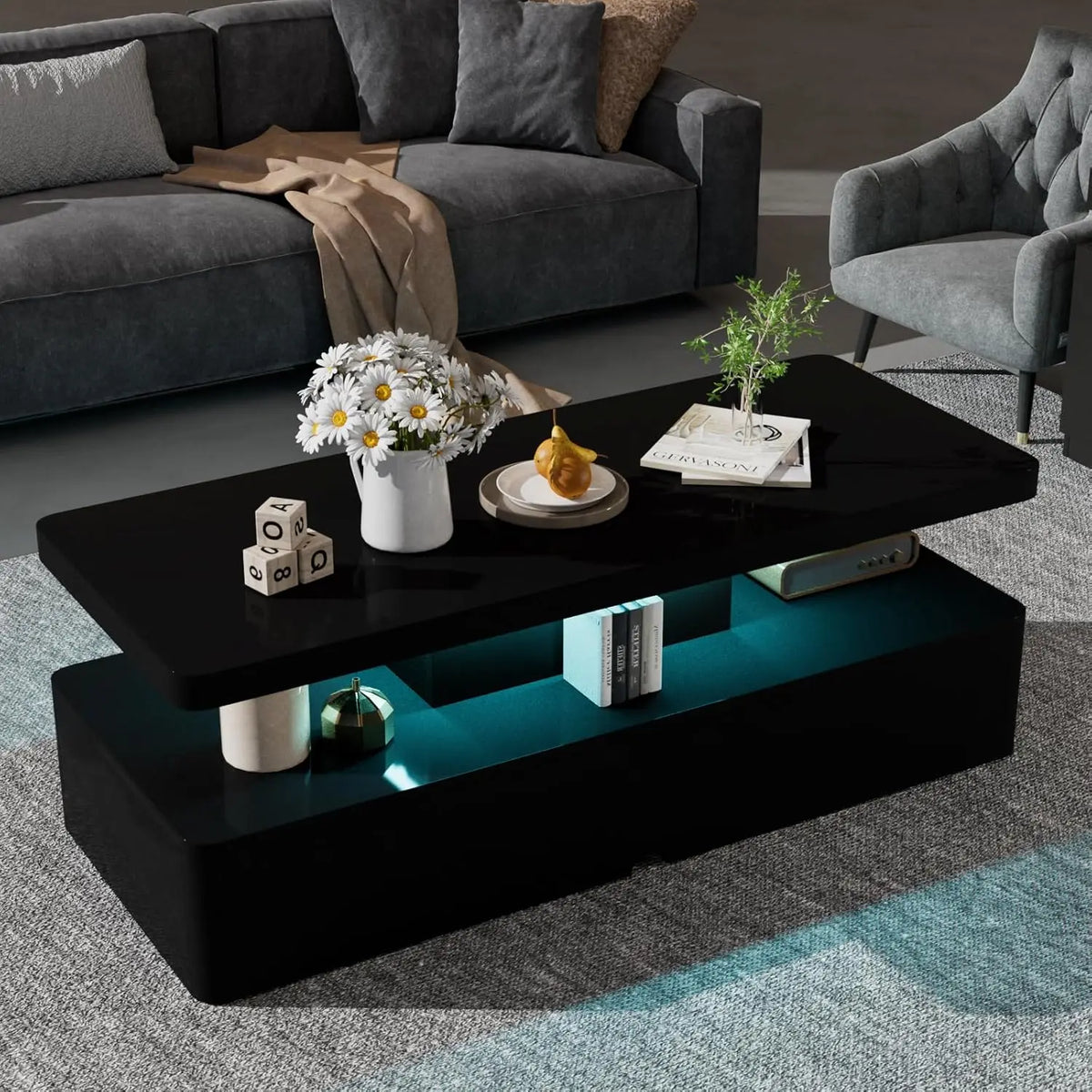 40" Modern Living Room Tables, LED Coffee Table with LED Lights, 2 Tier Rectangular Center Table with Large, Customized