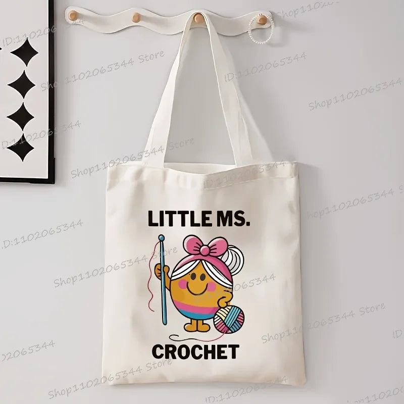"LITTLE MS. CROCHET" Print Durable Canvas Tote Bags Women Fashion Colorful Crochet Girl Design Shoulder Bag Travel Tote Bags