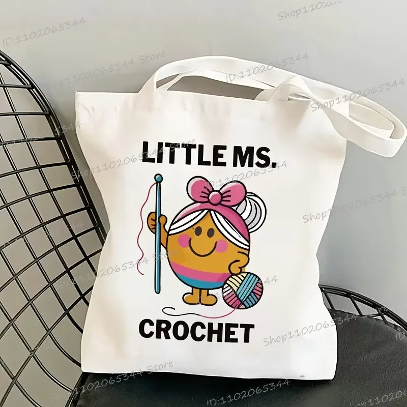 "LITTLE MS. CROCHET" Print Durable Canvas Tote Bags Women Fashion Colorful Crochet Girl Design Shoulder Bag Travel Tote Bags