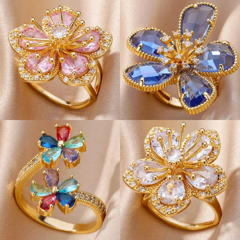 Gold Color Zirconia Flower Rings for Women Girls Elegant Stainless Steel Ring Floral Jewelry Trendy Luxury Aesthetic 2026 Style