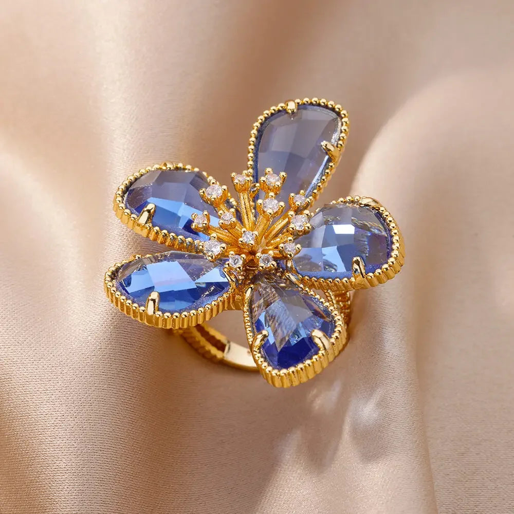 Gold Color Zirconia Flower Rings for Women Girls Elegant Stainless Steel Ring Floral Jewelry Trendy Luxury Aesthetic 2026 Style