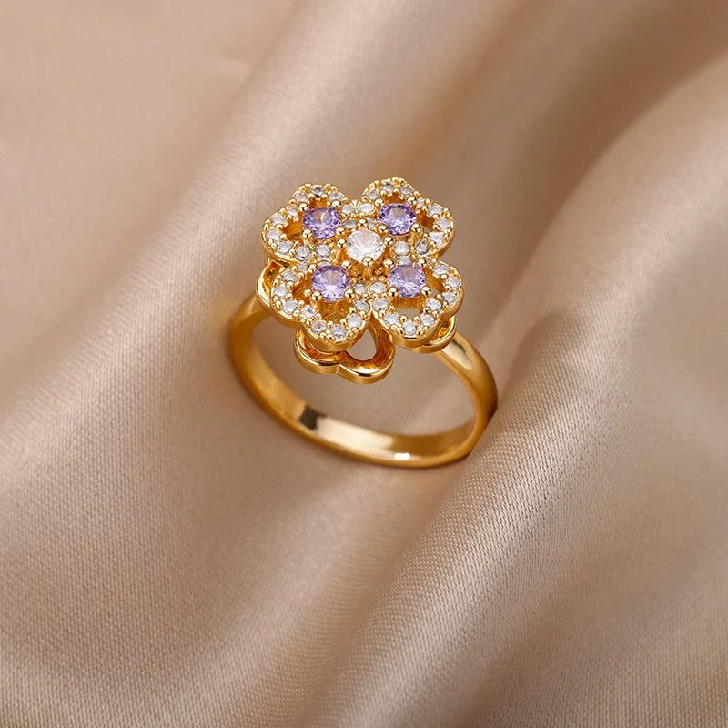 Gold Color Zirconia Flower Rings for Women Girls Elegant Stainless Steel Ring Floral Jewelry Trendy Luxury Aesthetic 2026 Style