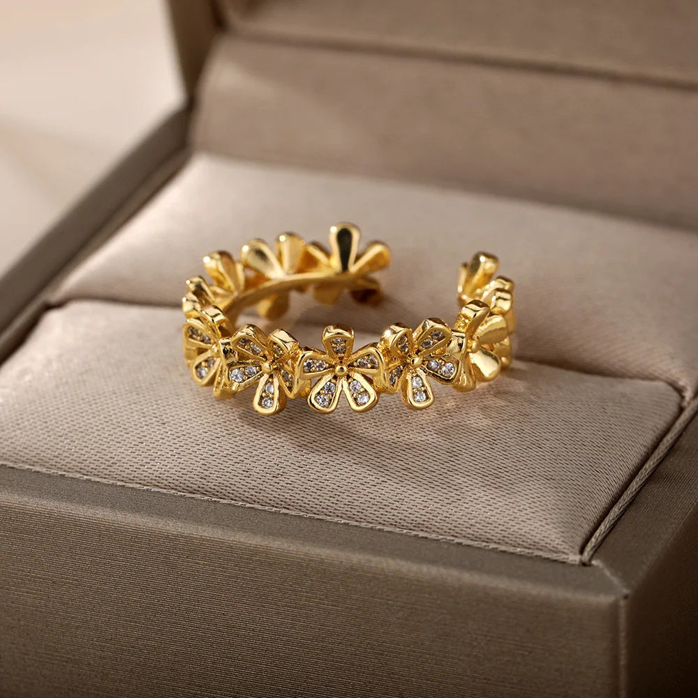 Gold Color Zirconia Flower Rings for Women Girls Elegant Stainless Steel Ring Floral Jewelry Trendy Luxury Aesthetic 2026 Style