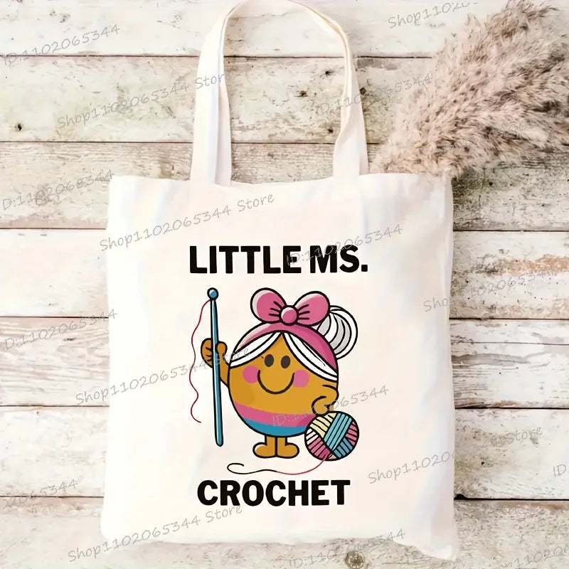 "LITTLE MS. CROCHET" Print Durable Canvas Tote Bags Women Fashion Colorful Crochet Girl Design Shoulder Bag Travel Tote Bags