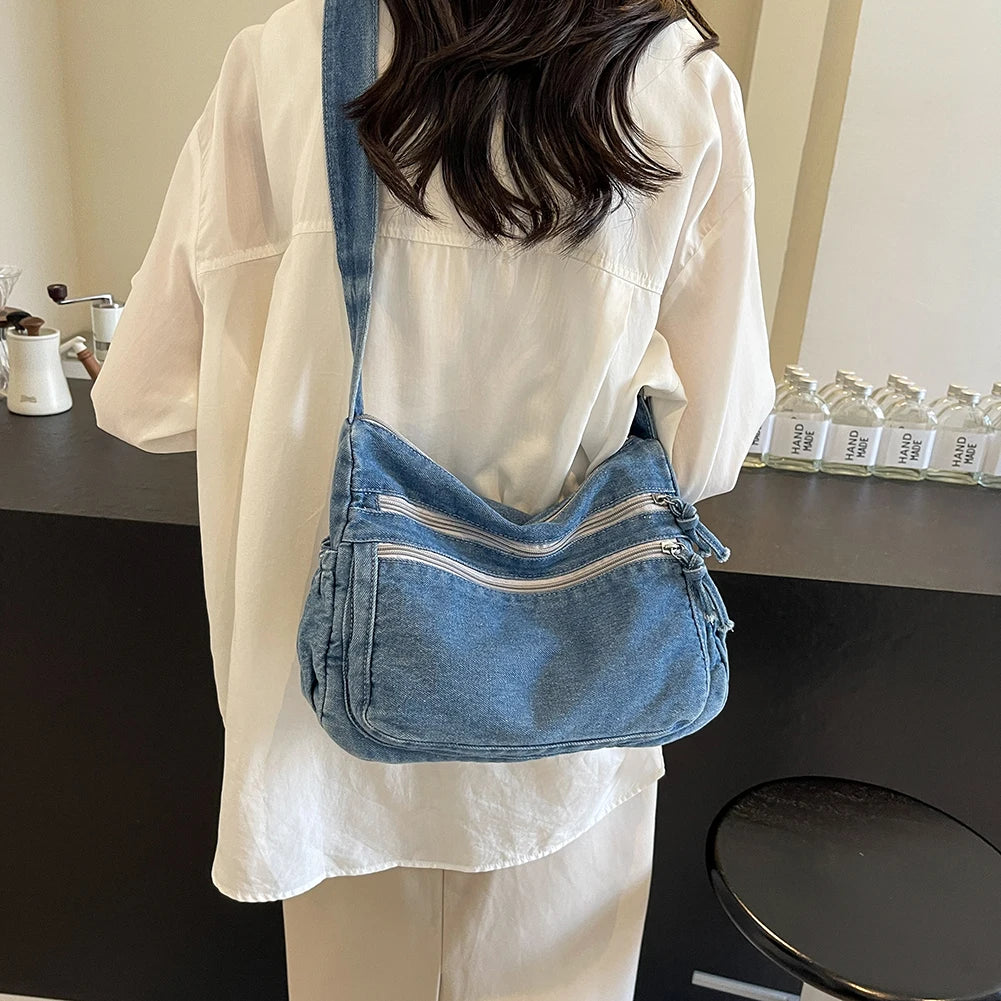 Women’s Denim Crossbody Bag with Adjustable Strap – Light Blue