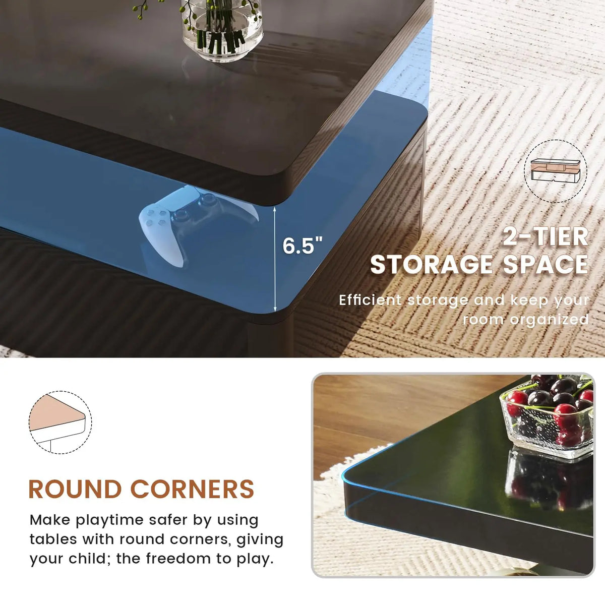 40" Modern Living Room Tables, LED Coffee Table with LED Lights, 2 Tier Rectangular Center Table with Large, Customized