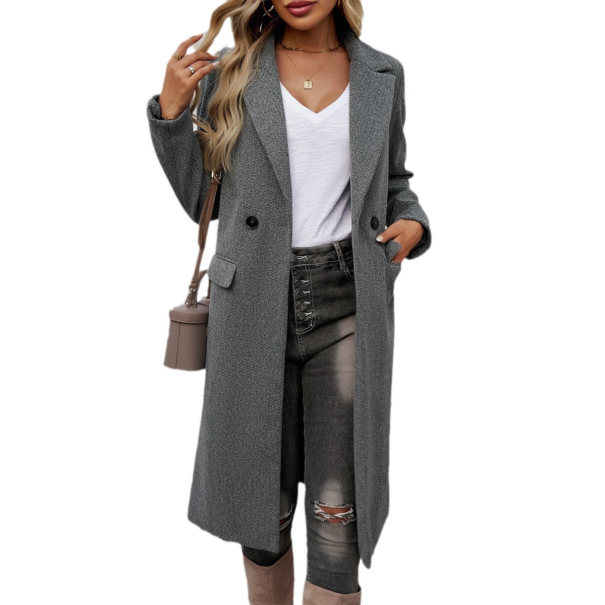 Dark Khaki Single Breasted Lapel Collar Flap Pocketed Overcoat