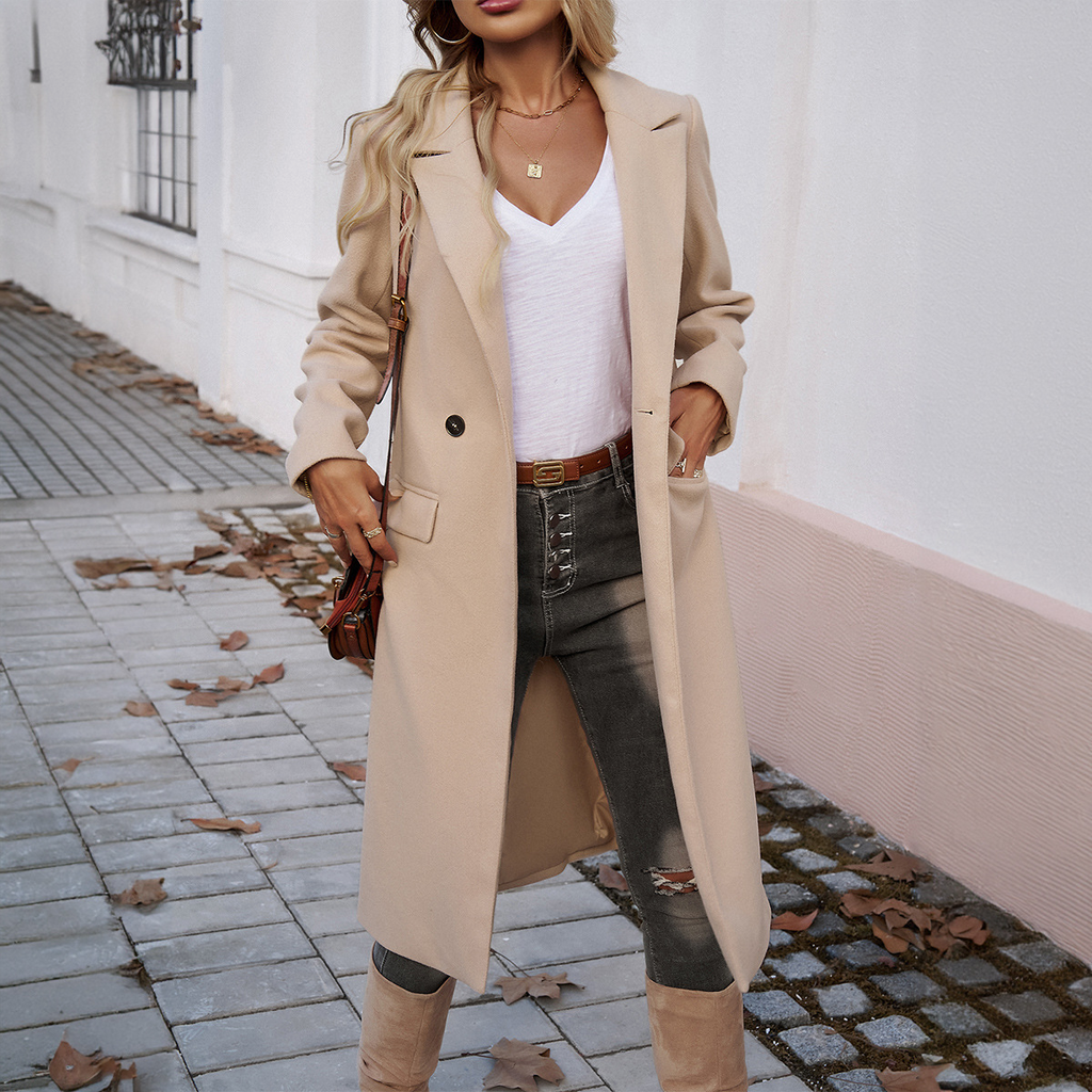 Dark Khaki Single Breasted Lapel Collar Flap Pocketed Overcoat